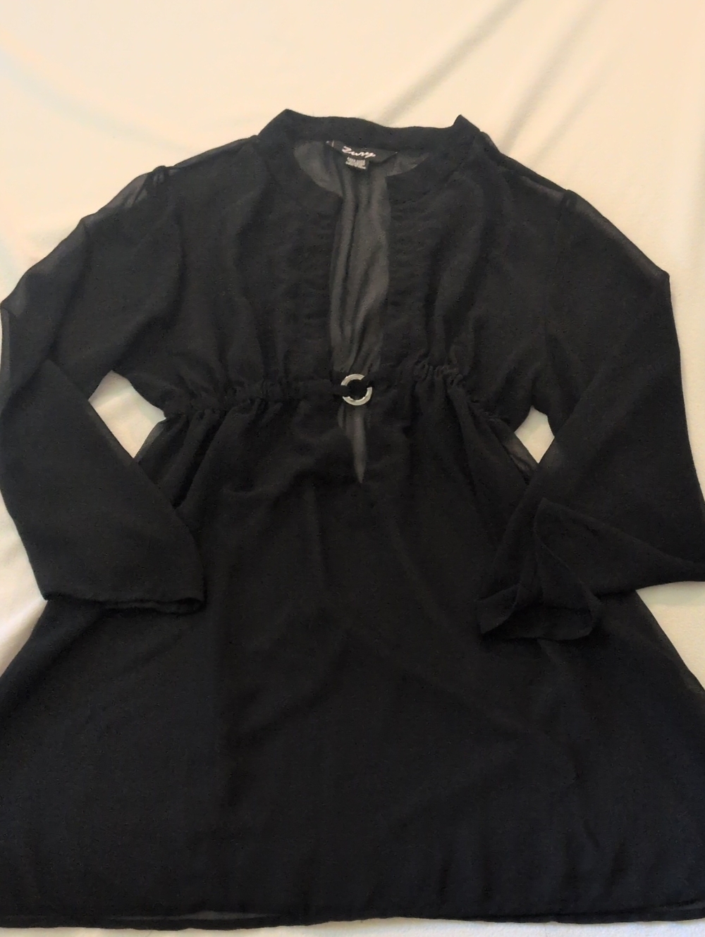 Black Women's Long Sleeve Swimsuit Cover Up Dress with Gathered Waist